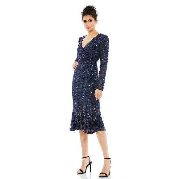Mac Duggal 10740 Sequin Beaded Midi Dress Embellished Puff Sleeve Midnight Sz 14